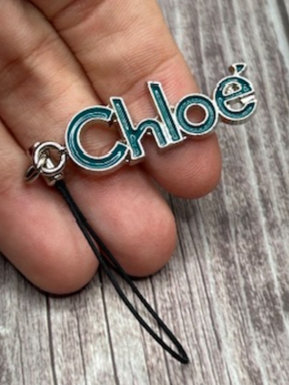 CHLOE Script Logo Phone / Bag Charm Teal Blue Silver Excellent Condition